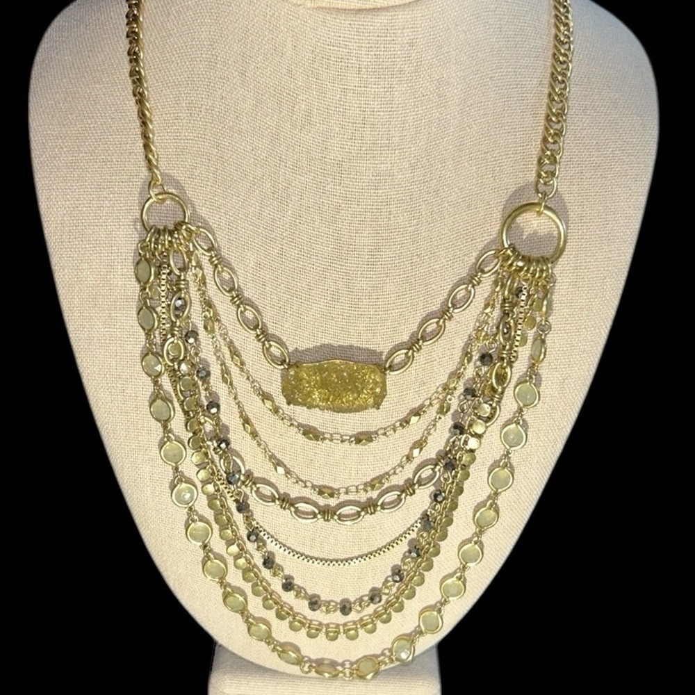 Lucky Brand Gold Tone Multi Strand Statement Necklace with Drusy Quartz Accent